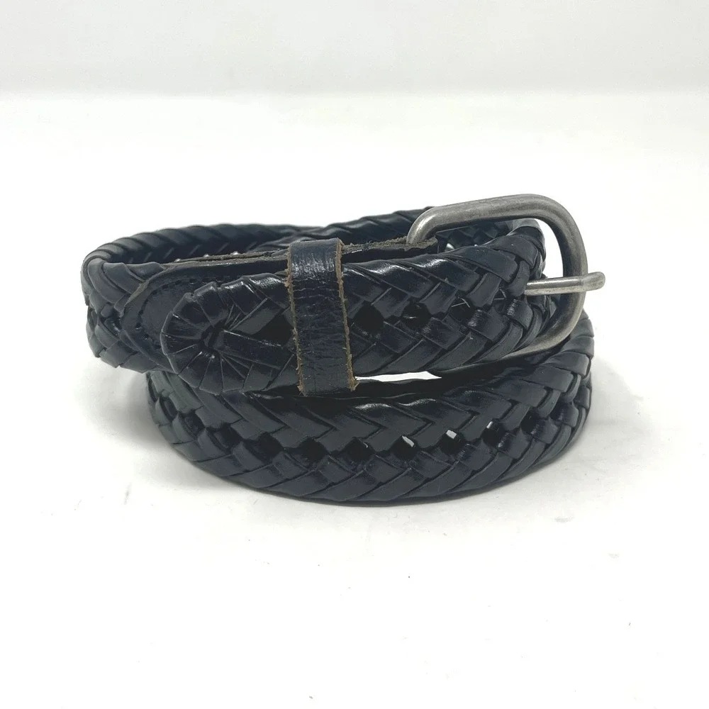 Woven Braided Leather Belt Classic Casual 38.5 Inch Black Silver Buckle
